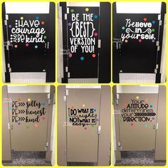 four different types of elevators with writing on the front and back doors that say, be the best version of you