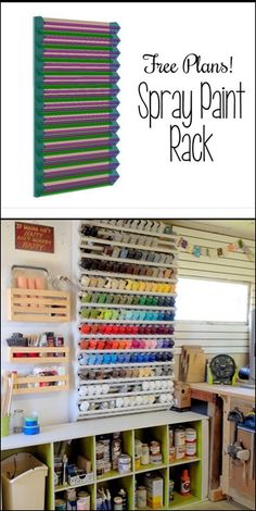 two pictures with the words free plans spray paint rack and an image of a craft room