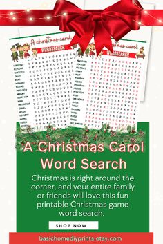 a christmas carol word search with red ribbon and bow on it, in front of white background