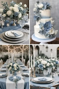 wedding cake, flowers and candles are arranged on the table for an elegant dinner party