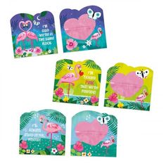 pink flamingos and other tropical themed items are arranged in the shape of heart shaped tags