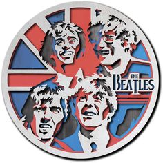 an image of the beatles on a round metal sign with red, white and blue background