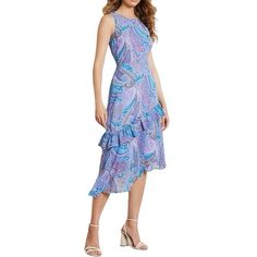 Sam Edelman Asymmetrical Summer Paisley Ruffled Midi Dress. Be The Best-Dressed Guest With This Vibrant Paisley Midi Dress Featuring A Sweet Ruffled Tier. Sleeveless. Round Neckline. Keyhole With Button Closure At The Back Of The Neck. Zip Closure On The Back. Tiered Ruffle Design On The Asymmetrical Skirt. Lined. Shell And Lining Material: 100% Polyester. Paisley Pattern In Shades Of Blue, Purple, And Yellow. Brand: Sam Edelman Style: 45u749 Color: Blue Multi Size: 2 Retail Price: $138.00 Condi Blue Midi Dress With Asymmetrical Floral Print Hem, Purple Paisley Print Dress For Spring, Purple Paisley Print Spring Dress, Summer Purple Dress With Paisley Print, Purple Paisley Print Dress For Summer, Summer Purple Paisley Print Dress, Chic Purple Midi Dress With Asymmetrical Hem, Asymmetrical Purple Midi Dress For Spring, Fitted Blue Midi Dress With Paisley Print