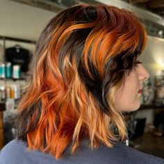 my calico hair I got done yesterday! Calico Hair Raccoon Tail, Calico Hair Medium Length, Orange And Black Hair Color, Calico Hair Placement, Chunky Calico Hair, Ginger Calico Hair, Calico Hair With Raccoon Tails, Calico Short Hair, Orange Streaks In Hair