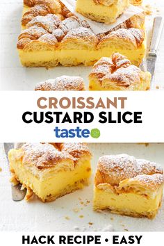 a collage of different types of desserts with text overlay that reads, crossant custard slice taste