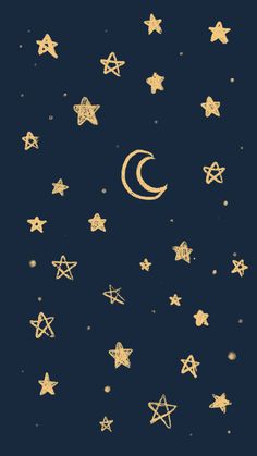 gold stars and crescent on a dark blue background with the moon in the sky above them