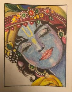 a drawing of a woman's face with eyes closed and colorful jewelry on her head