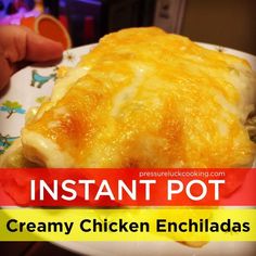 a close up of a plate of food with the words instant pot creamy chicken enchiladas