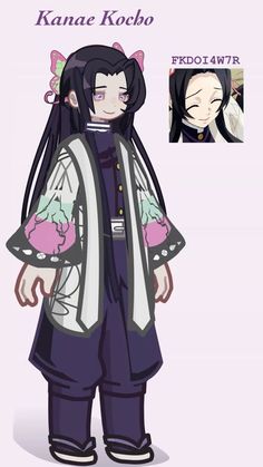 an anime character with long black hair, wearing purple pants and a kimono jacket