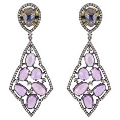 In these striking dazzling Victorian danglers, a pair of faceted blue sapphires are framed within diamonds at the top complemented with drops embellished with faceted purple sapphires prong set within a pierced frame of more diamonds. Finely crafted in 18K gold with 925 sterling silver, with post and clutch backs these danglers are just vintage classics! Please follow the Luxury Jewels storefront to view the latest collections & exclusive one of a kind pieces. Luxury Jewels is proudly rated as a Ornate Purple Gemstone Jewelry, Luxury Purple Earrings With Gemstone Accents, Purple Gemstone Chandelier Earrings, Ornate Purple Drop Earrings, Luxury Purple Multi-stone Earrings, Purple Sapphire, Blue Sapphire Diamond, Fancy Diamonds, Diamond Shapes