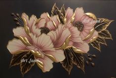 some pink flowers with gold leaves on a black background