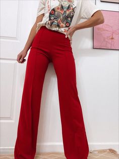 Women's Boho Chic Clothing Trendy Red Outfits, Cool Outfits For Women In Their 30s, Crimson Outfits For Women, Red Flared Pants Outfit, Red Pants Outfits For Women, Colorful Buissnes Outfit, Red Flares Outfit, Red Pants Women, Red Silk Pants Outfit