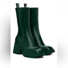 Mid-Calf Rubber Boots In Green. Square Toe Logo-Woven Webbing Pull-Loop At Collar Zip Closure At Inner Side Logo Embossed At Outer Side Bonded Jersey Lining Rubber Block Heel Treaded Rubber Sole Heel: H2.75 In Size 41 Green Square, Chloe Shoes, Rubber Boots, Mid Calf, Rain Boots, Block Heels, Rubber Sole, Chloe, Women Shoes