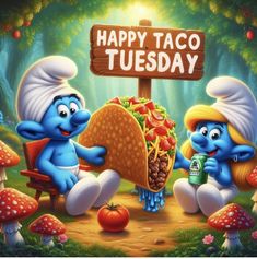 the smurfs are eating tacos and drinking sodas in front of a sign that says happy taco tuesday