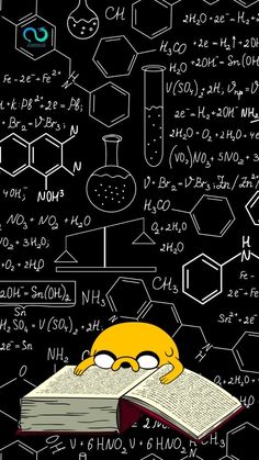 a cartoon character is reading a book in front of some chemical diagrams on a blackboard