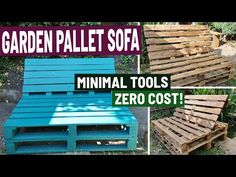 several different types of pallet sofas made out of wood and some are being used for