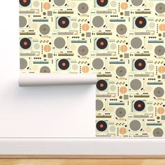 the wall paper is designed to look like an old record player