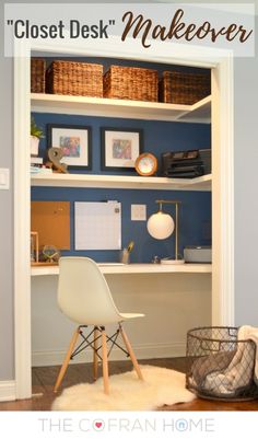 the closet is open to reveal a computer desk and office area with baskets on it