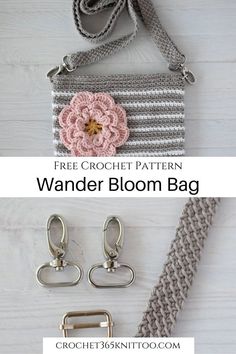 the free crochet pattern for a handbag is shown in three different colors