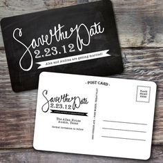 two black and white save the date postcards on top of a wooden table next to each other