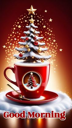 a coffee cup with a christmas tree on it and the words good morning written in red