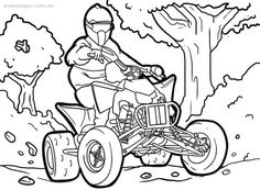 a man riding on an atv in the park coloring pages for kids, with trees and leaves behind him