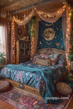 a bedroom decorated in blue and gold with fairy lights