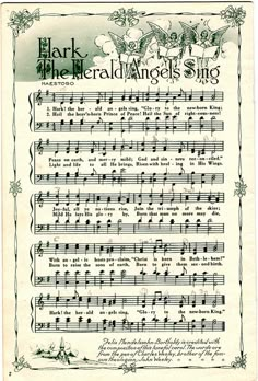 an old sheet music with the words dark, the emerald angels sing in green and white