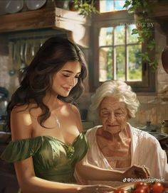 a painting of an older woman cooking with her granddaughter