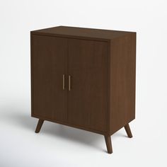 a wooden cabinet with two doors and legs