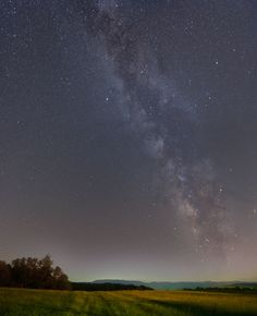 the night sky is filled with stars and bright green grass