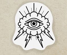 a sticker with an all seeing eye in the center and lightning coming out of it