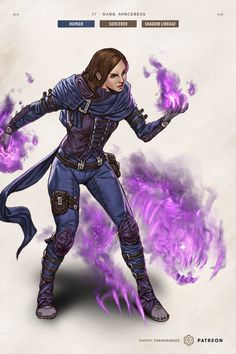 Illustration of a young sorceress with the power over the realm of the shadows Dnd Combat, Rpg Clothes, Dark Sorceress, Map Assets, Dnd Npc, Strange Tales, Comic Layout