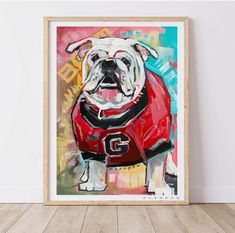 a painting of a bulldog wearing a red shirt with the letter c on it's chest