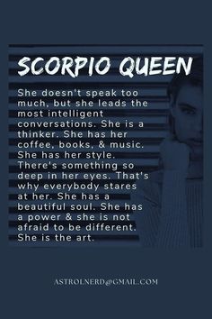 a woman with her hand on her face and the words scorpio queen above her head