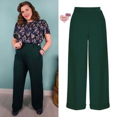 We're proudly introducing these classic high-waisted wide-leg trousers, made here in the UK. Inspired by glamorous Hollywood actresses Marlene Dietrich and Katherine Hepburn, these trousers are designed to flatter all body shapes. The high-waisted design cinches the waist. Plus, the darts at the back flatter your curves and lengthen your legs. Our design features practical pockets at the front, and we use the best zipper for a smooth and reliable closure. The button detail is made from beautiful High Waist Wide Leg Trousers, Katherine Hepburn, Womens Trousers, Marlene Dietrich, Bottle Green, Pantalon Large, Button Detail, Wide Leg Trousers, Trousers Women