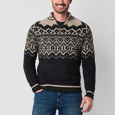 This St. John's Bay men's knitted fairisle sweater will be a style winner for the colder months. Made from a soft patterned knit, this long-sleeve sweater has a quarter-zip collar and ribbed trims. Wear it with jeansClosure Type: Zipper, Pullover HeadFit: Classic FitSleeve Length: Long SleeveApparel Length: 27.5 Inches - FrontFiber Content: 57% Cotton, 43% AcrylicCollar: Zip CollarCare: Machine Wash, Tumble DryCountry of Origin: Imported Zip Collar, Large Sweaters, Small Sweater, Long Sleeve Pullover Sweater, Fair Isle Sweater, Men's Knit, Blue Sweaters, Fair Isle, Long Sleeve Pullover