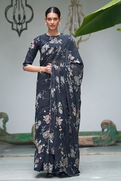 Onyx blue saree with floral applique work and floral print all over. Paired with a floral print applique work blouse. - Aza Fashions Semi-stitched Cotton Silk Pre-draped Saree With Floral Embroidery, Anarkali Cotton Silk Saree With Floral Embroidery, Fitted Floral Print Chanderi Pre-draped Saree, Floral Print Saree For Reception And Festivals, Eid Floral Print Pre-draped Saree, Festive Floral Print Blouse For Reception, Cotton Silk Saree With Floral Print, Designer Chanderi Pre-draped Saree With Floral Print, Unstitched Saree With Floral Print For Reception