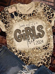 Girls Tripl Leopard Print Crew Neck T-Shirt Trendy Letter Print Top For Party, Trendy Tops With Letter Print For Party, Trendy Party Top With Letter Print, Letter Print Tops For Fall Parties, Trendy Slogan Tops For Party, Casual Slogan Tops For Party, Trendy Party Tops With Slogan, Casual Party Tops With Slogan, Fall Party Tops With Letter Print