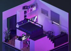 the interior of a bedroom with purple lighting