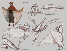 an image of some people doing different things in the same drawing style, including wings