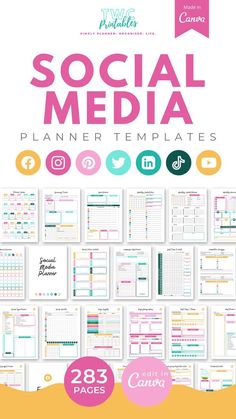 the social media planner template is shown in pink, blue and yellow with text on it