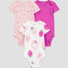 Stock up on your baby essentials with this 3-pack set of bodysuits from Carter’s Just One You. Adorable, assorted prints mean endless styling for days on the go plus made with 100% cotton, your baby girl is comfortable all day. Wear one and toss the other in the diaper bag for easy changes when your days are busy. Strawberry Outfit, Target Baby, Pink Newborn, Baby Layette, Carters Baby Boys, Night Suit