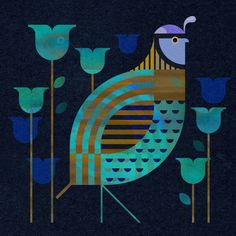 a bird sitting on top of a wooden pole next to blue and green flowers in the dark