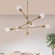 a modern chandelier hangs over a dining room table with chairs and a potted plant