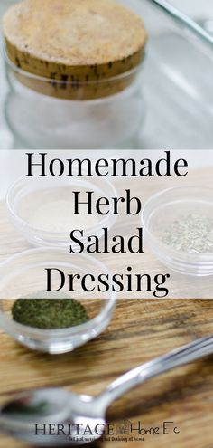 homemade herb salad dressing in glass bowls with spoons