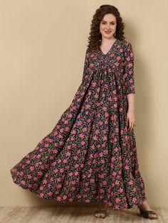 Blue & Pink Viscose Rayon Floral Print & Gotta Patti Deatiling Angrakha Shape Anarkali Style Kurta Block Print Dresses For Diwali, Ankle-length Kalamkari Print Kurta For Eid, Traditional Ankle-length Kurta With Kalamkari Print, Ankle-length Kalamkari Kurta For Eid, Traditional Ankle-length Kalamkari Kurta, Bollywood Style Ankle-length Kurta With Bandhani Print, Bollywood Style Ankle-length Bandhani Kurta, Eid Ankle-length Kalamkari Kurta, Ankle-length Kalamkari Print Kurta For Festivals