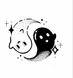 a black and white drawing of two cats sleeping on top of the moon with stars around them