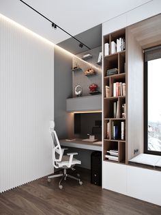 a room with a desk, chair and bookshelf in it's corner