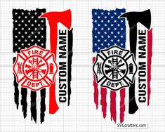 two firefighter flag decals with the words